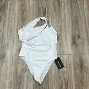 PrettyLittleThings white asymmetrical  one piece white swim suit  size Medium